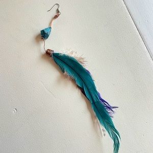 Single earring - natural feathers, handmade jewellery. Shades of blue & stripes